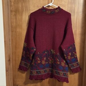 Vintage Burgundy Knit Sweater with Floral Pattern Glenfife 100% Pure Wool Size M